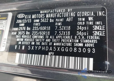 2016 Kia Sorento 3.3L Ex из США, поврежденный, VIN 5XYPHDA5XGG083093